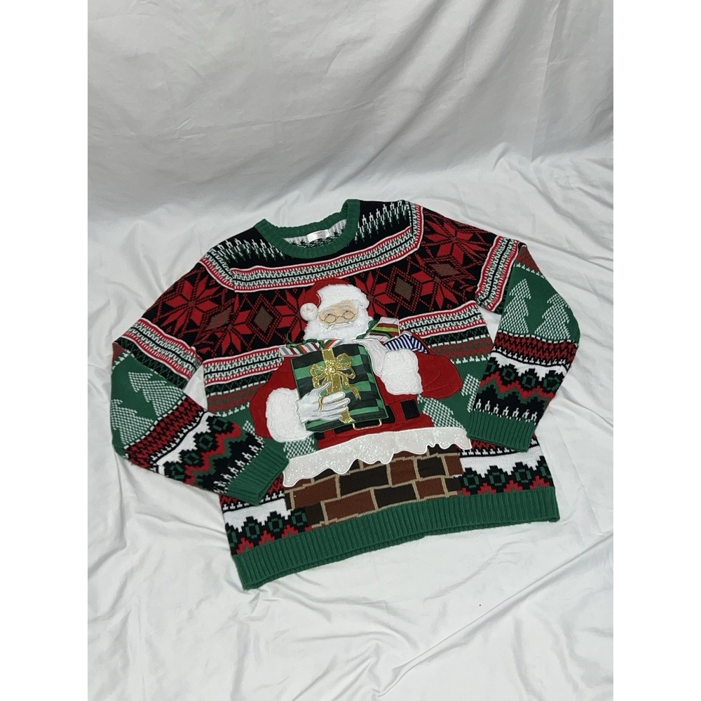 Holiday Time Ugly Sweater Mens L 42-44 Santa In A Chimney Holiday Christmas